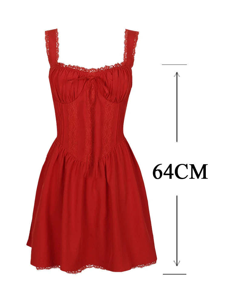 Suninheart Summer Dresses for Women 2023 Red Spaghetti Strap A Line Dress Lovely Elegant Lace Up Party Dress Mini Vacation Dress