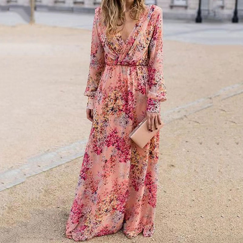 Pink Floral Print High Waist Maxi Dress Elegant Deep V Waist Pleated Party Dress Women's Casual Long Sleeved Loose Dress Vestido