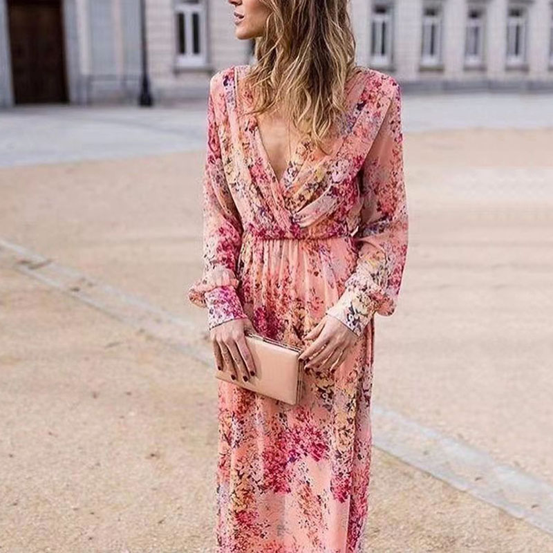 Pink Floral Print High Waist Maxi Dress Elegant Deep V Waist Pleated Party Dress Women's Casual Long Sleeved Loose Dress Vestido