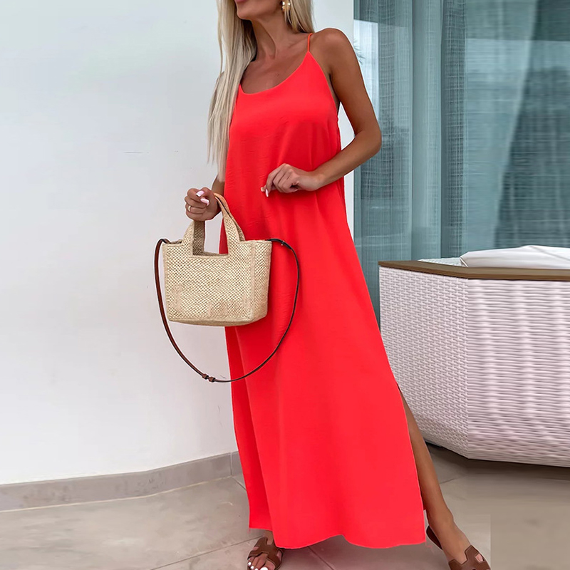 Casual Side Split Holiday Dress Fashion O-neck Hollow Sleeveless Beach Dress Sexy Off Shoulder Summer Spaghetti Strap Long Dress