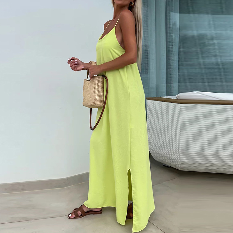 Casual Side Split Holiday Dress Fashion O-neck Hollow Sleeveless Beach Dress Sexy Off Shoulder Summer Spaghetti Strap Long Dress