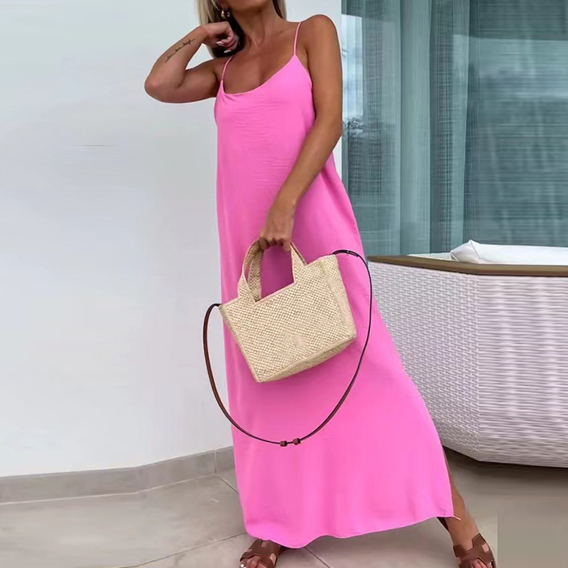 Casual Side Split Holiday Dress Fashion O-neck Hollow Sleeveless Beach Dress Sexy Off Shoulder Summer Spaghetti Strap Long Dress