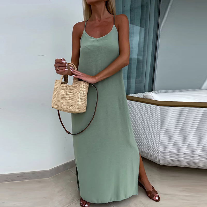 Casual Side Split Holiday Dress Fashion O-neck Hollow Sleeveless Beach Dress Sexy Off Shoulder Summer Spaghetti Strap Long Dress