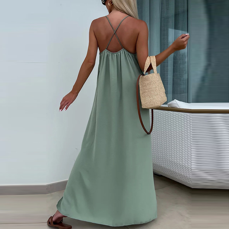 Casual Side Split Holiday Dress Fashion O-neck Hollow Sleeveless Beach Dress Sexy Off Shoulder Summer Spaghetti Strap Long Dress