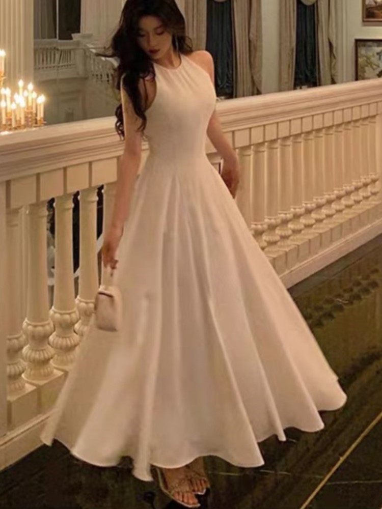 France Vintage Halter Evening Party Long Dresses for Women Solid Sleeveless A-line Princess Wedding Prom Robe New Spring Vestido