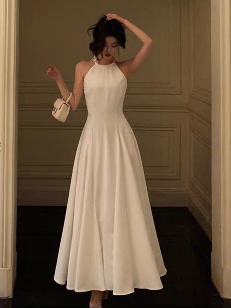 France Vintage Halter Evening Party Long Dresses for Women Solid Sleeveless A-line Princess Wedding Prom Robe New Spring Vestido