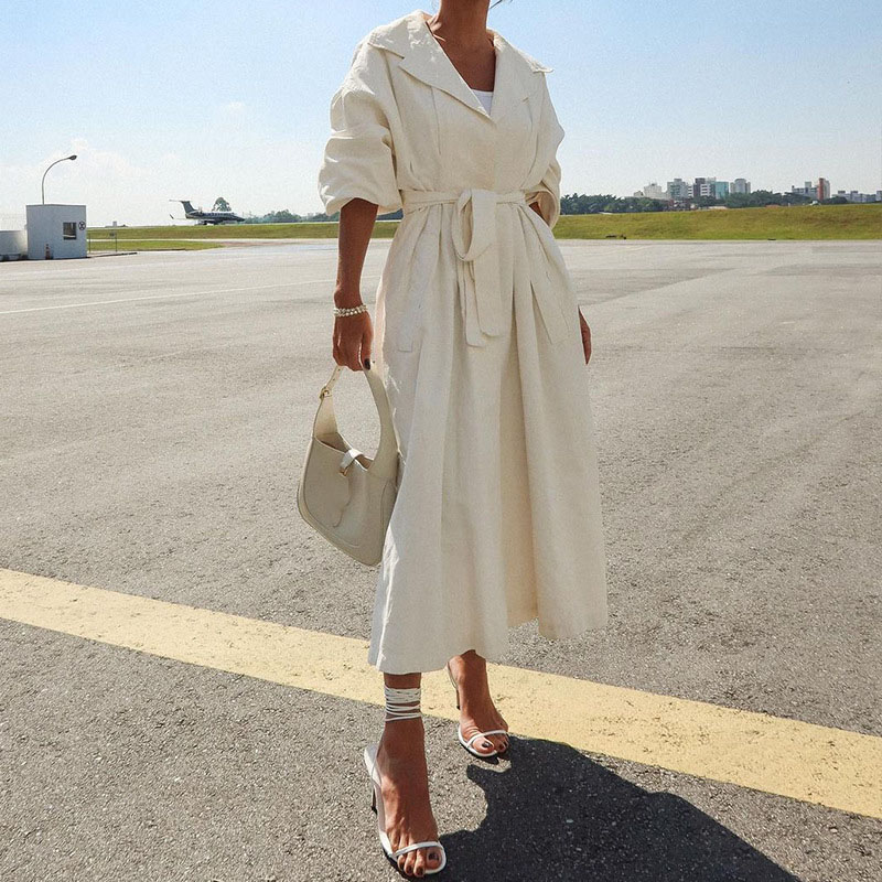 Elegant Women's Lapel Long Sleeved Party Dress New 2024 Autumn White Lace Up Loose Dress Fashion High Street Pleated Long Dress