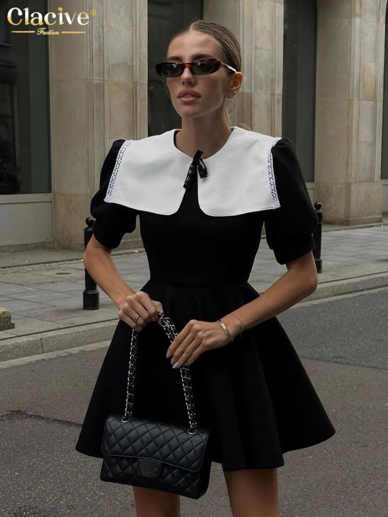 Clacive Summer Slim Black Women Dress 2024 Bodycon Doll Collar Short Sleeve Mini Dresses Elegant High Waist Pleated Female Dress