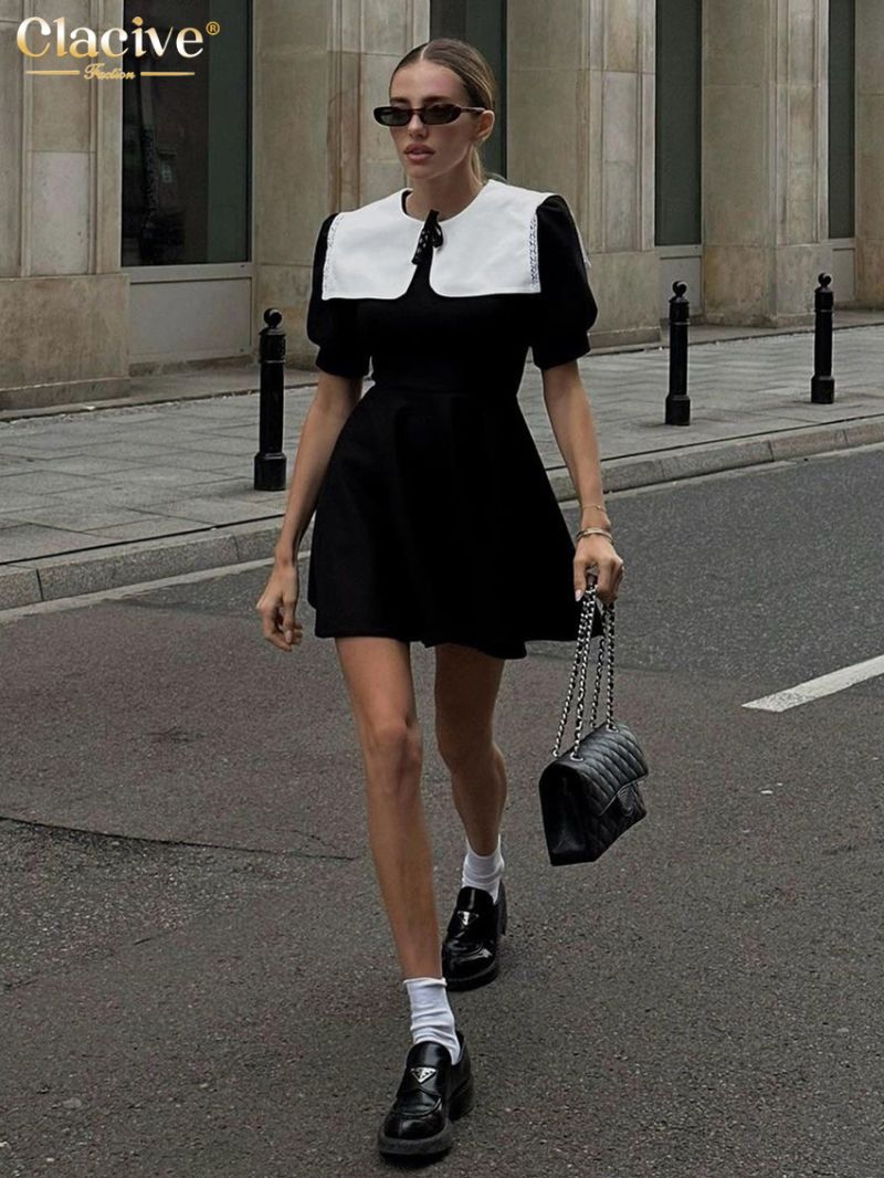 Clacive Summer Slim Black Women Dress 2024 Bodycon Doll Collar Short Sleeve Mini Dresses Elegant High Waist Pleated Female Dress