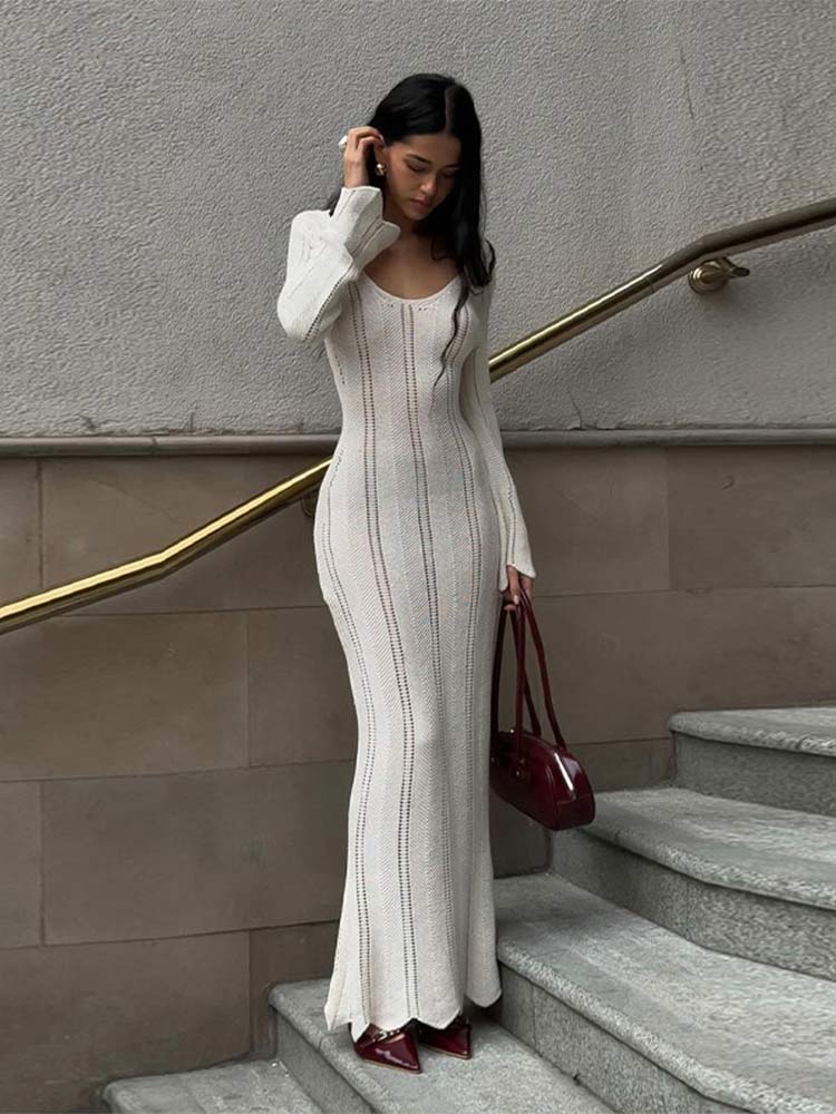 Solid Hollow Out Long Sleeve Knitted Dress For Women Elegant Sexy Backless Slim Dresses 2024 Fashion Lady High Street Vestidos