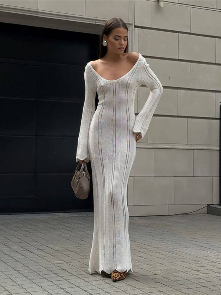 Solid Hollow Out Long Sleeve Knitted Dress For Women Elegant Sexy Backless Slim Dresses 2024 Fashion Lady High Street Vestidos