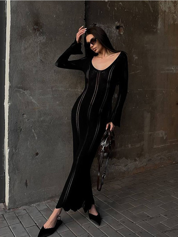 Solid Hollow Out Long Sleeve Knitted Dress For Women Elegant Sexy Backless Slim Dresses 2024 Fashion Lady High Street Vestidos