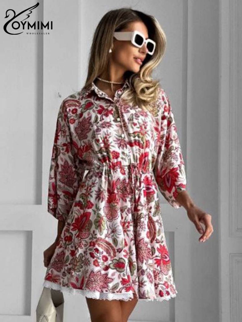 Oymimi Elegant Red Print Women's Dress Fashion Lapel Three Quarter Sleeve Dresses Casual Button Lace-Up Mini Dresses Streetwear