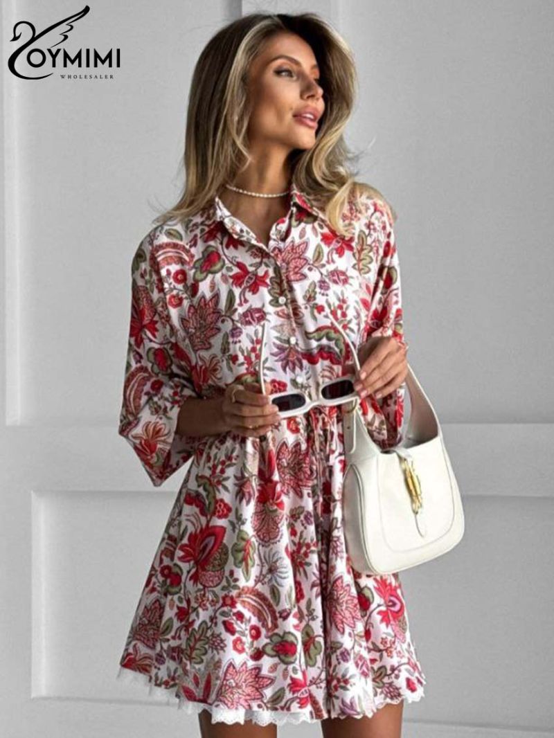 Oymimi Elegant Red Print Women's Dress Fashion Lapel Three Quarter Sleeve Dresses Casual Button Lace-Up Mini Dresses Streetwear