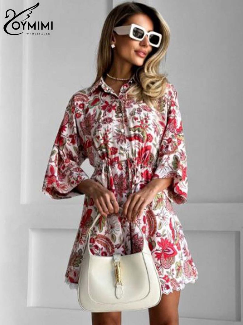 Oymimi Elegant Red Print Women's Dress Fashion Lapel Three Quarter Sleeve Dresses Casual Button Lace-Up Mini Dresses Streetwear