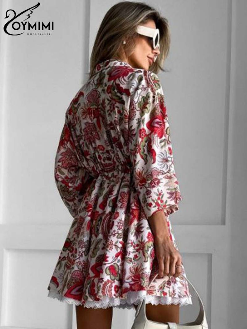 Oymimi Elegant Red Print Women's Dress Fashion Lapel Three Quarter Sleeve Dresses Casual Button Lace-Up Mini Dresses Streetwear