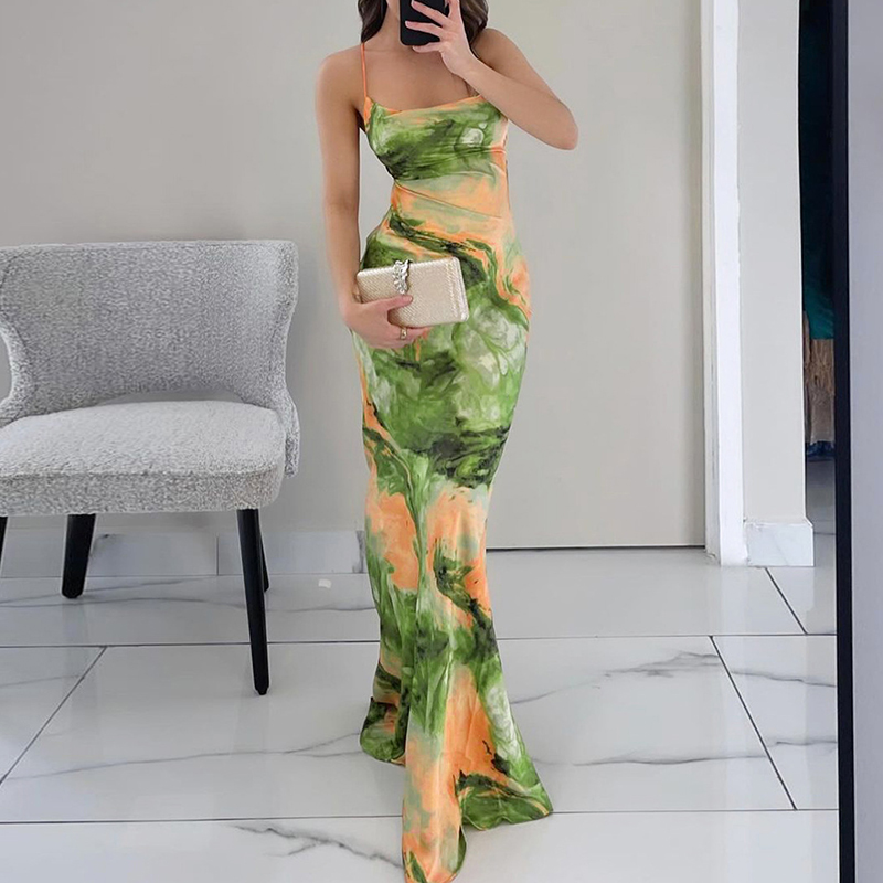 2024 Summer Color Contrast Printed Evening Dress Fashion Off Shoulder High Waist Slim Dress Lady Sexy Backless Suspenders Dress