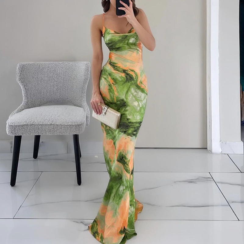 2024 Summer Color Contrast Printed Evening Dress Fashion Off Shoulder High Waist Slim Dress Lady Sexy Backless Suspenders Dress