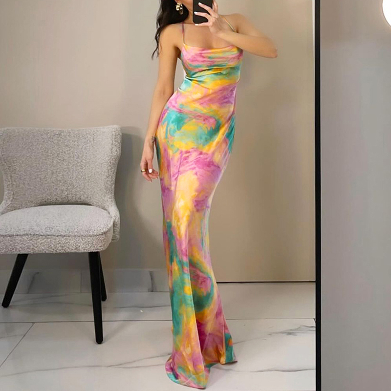 2024 Summer Color Contrast Printed Evening Dress Fashion Off Shoulder High Waist Slim Dress Lady Sexy Backless Suspenders Dress