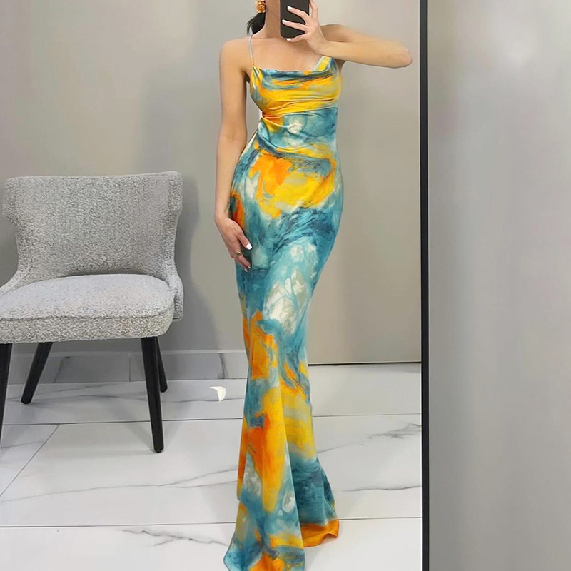 2024 Summer Color Contrast Printed Evening Dress Fashion Off Shoulder High Waist Slim Dress Lady Sexy Backless Suspenders Dress