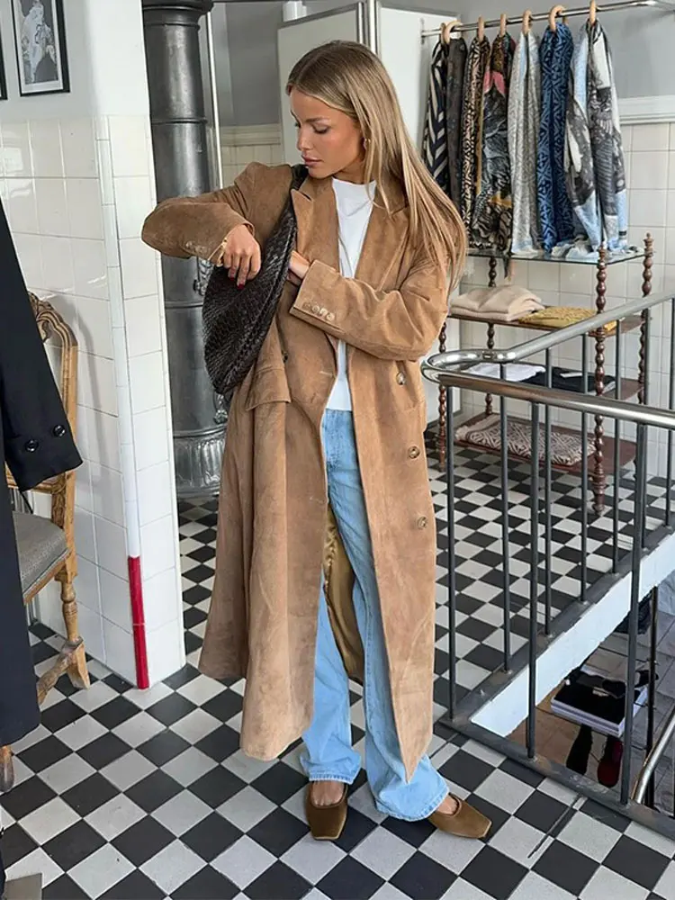 2024 Autumn Women Brown Plush Coat Chic Lapel Long Sleeve Double-breasted Oversize Jackets Office Lady Fashion Commuting Outwear