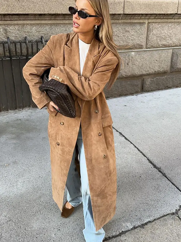 2024 Autumn Women Brown Plush Coat Chic Lapel Long Sleeve Double-breasted Oversize Jackets Office Lady Fashion Commuting Outwear