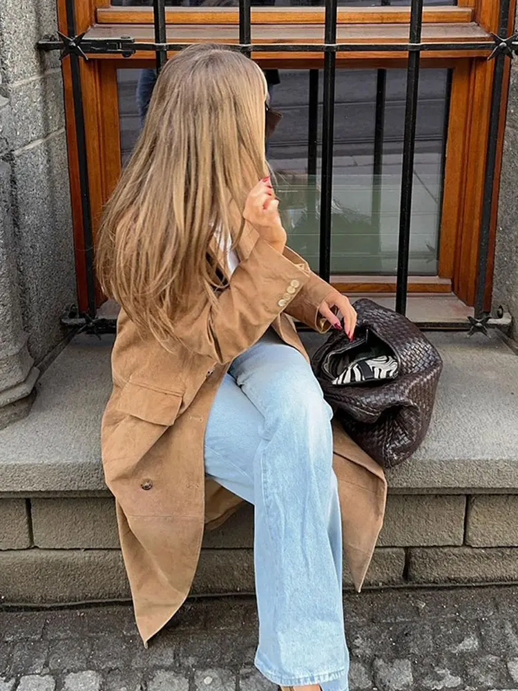 2024 Autumn Women Brown Plush Coat Chic Lapel Long Sleeve Double-breasted Oversize Jackets Office Lady Fashion Commuting Outwear