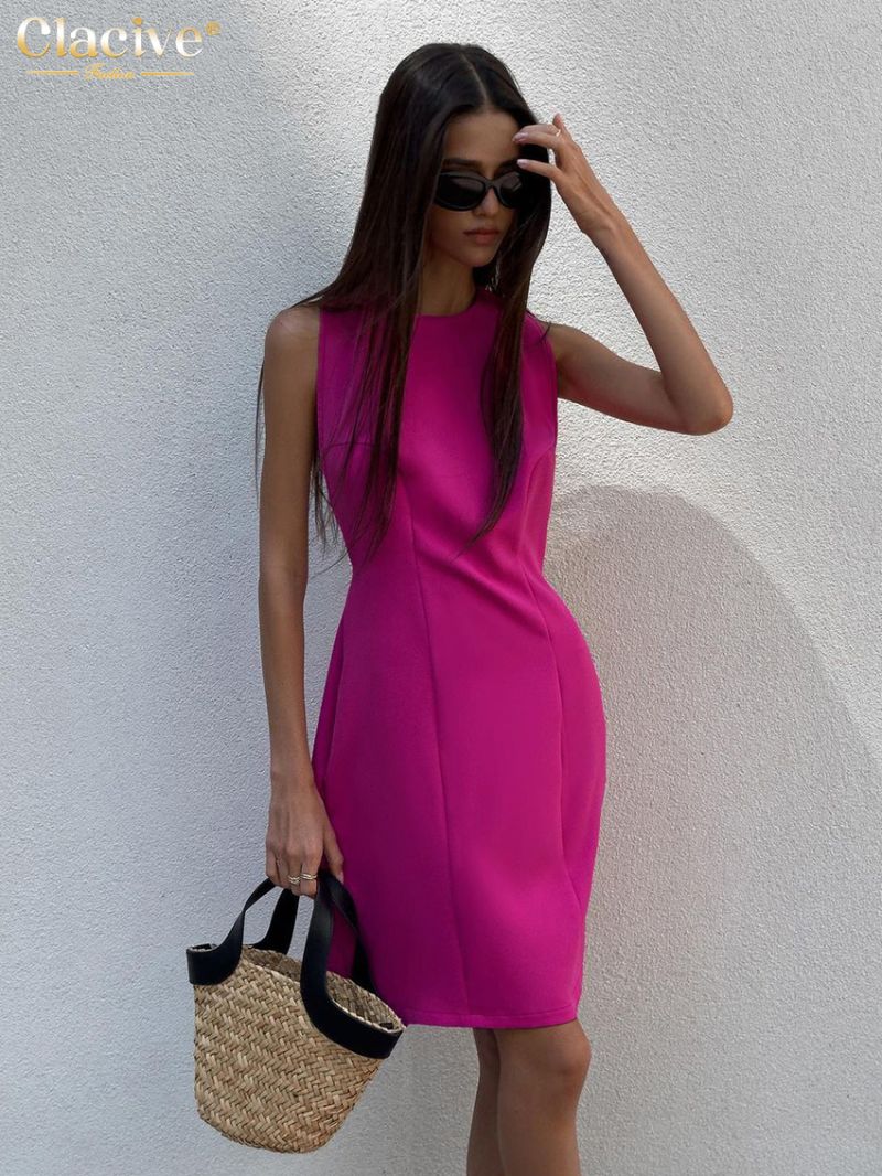 Clacive Bodycon Pink Office Women'S Dress 2024 Summer O-Neck Sleeveless Mini Dresses Elegant Classic High Waist Female Dress