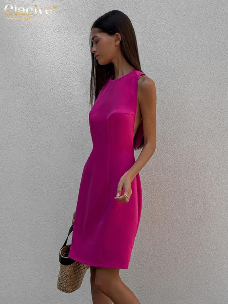 Clacive Bodycon Pink Office Women'S Dress 2024 Summer O-Neck Sleeveless Mini Dresses Elegant Classic High Waist Female Dress