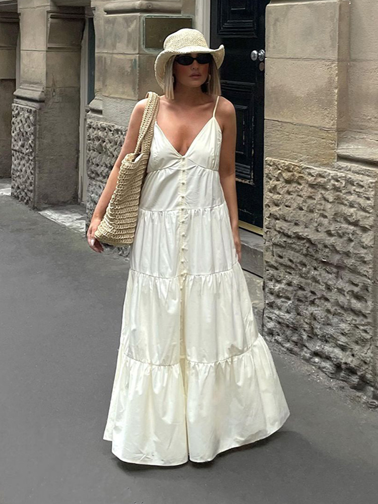 Fashion Buttons Patchwork Solid Pleated Sling Maxi Dress Sexy V-neck Backless Lace Up A-line Dresses Summer Lady Vacation Robes