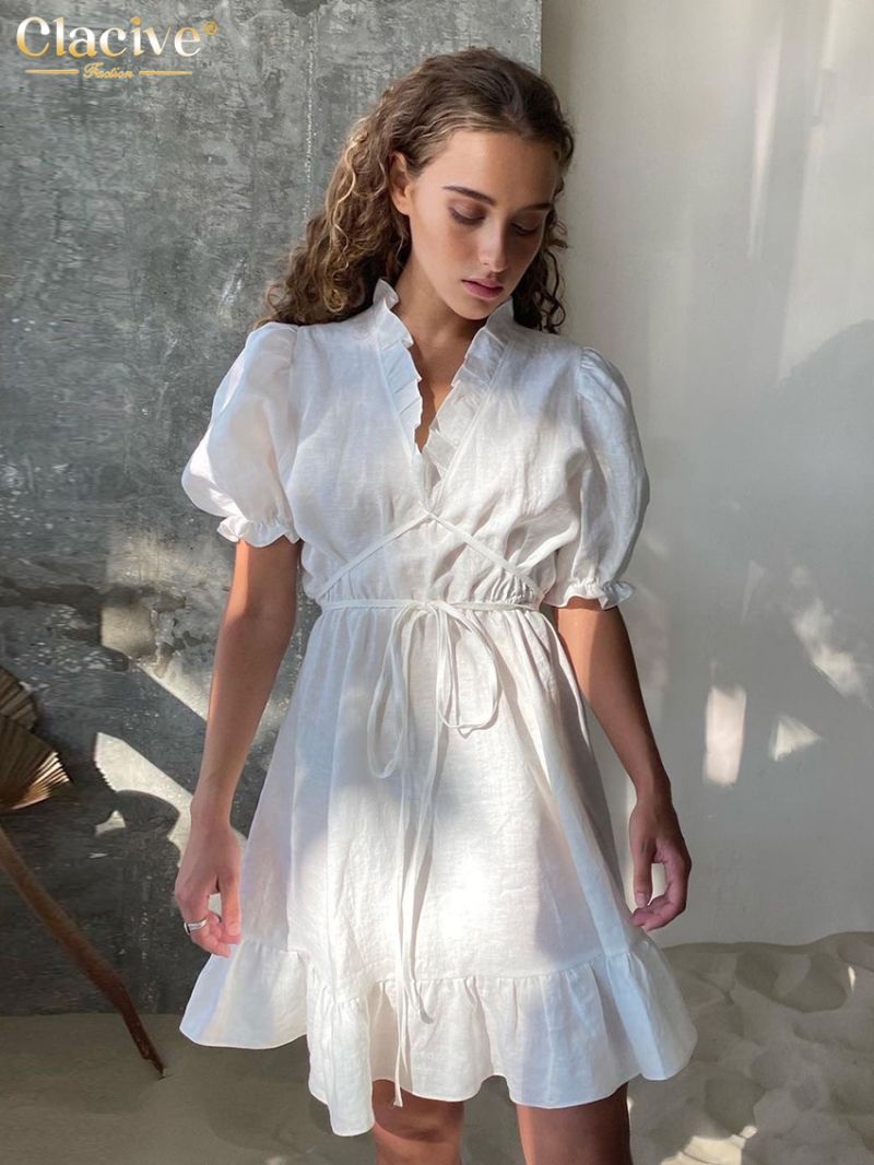 Clacive Summer Loose White Cotton Dress Ladies Casual V-Neck Short Sleeve Mini Dress Elegant Classic Lace-Up Dresses For Women