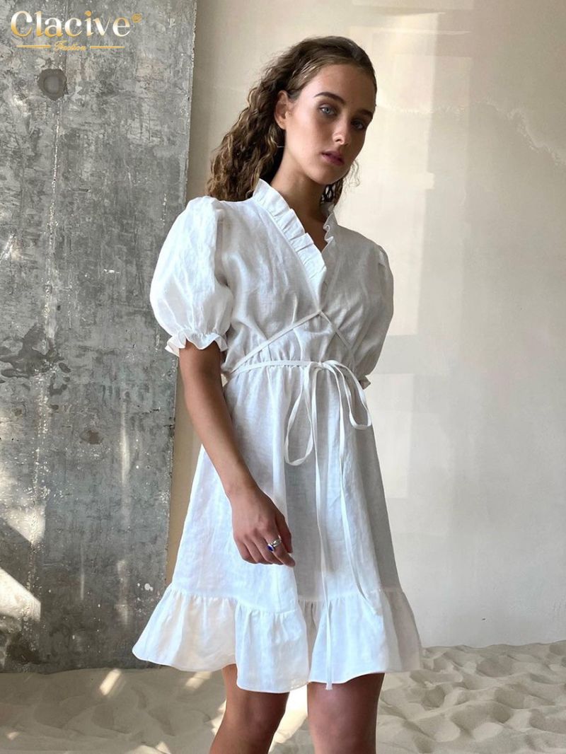 Clacive Summer Loose White Cotton Dress Ladies Casual V-Neck Short Sleeve Mini Dress Elegant Classic Lace-Up Dresses For Women