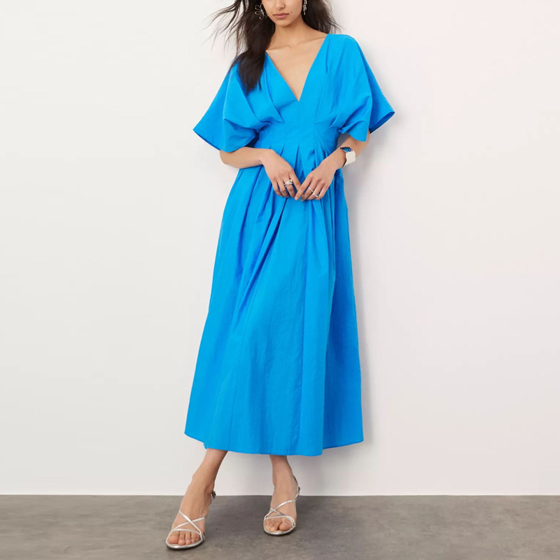 Casual Backless Short Sleeved Long Dress Women V Neck Pleated Commuting Dress Blue High Waist Loose Summer Beach Dress Vestidos