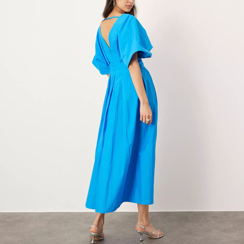 Casual Backless Short Sleeved Long Dress Women V Neck Pleated Commuting Dress Blue High Waist Loose Summer Beach Dress Vestidos