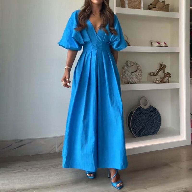 Casual Backless Short Sleeved Long Dress Women V Neck Pleated Commuting Dress Blue High Waist Loose Summer Beach Dress Vestidos