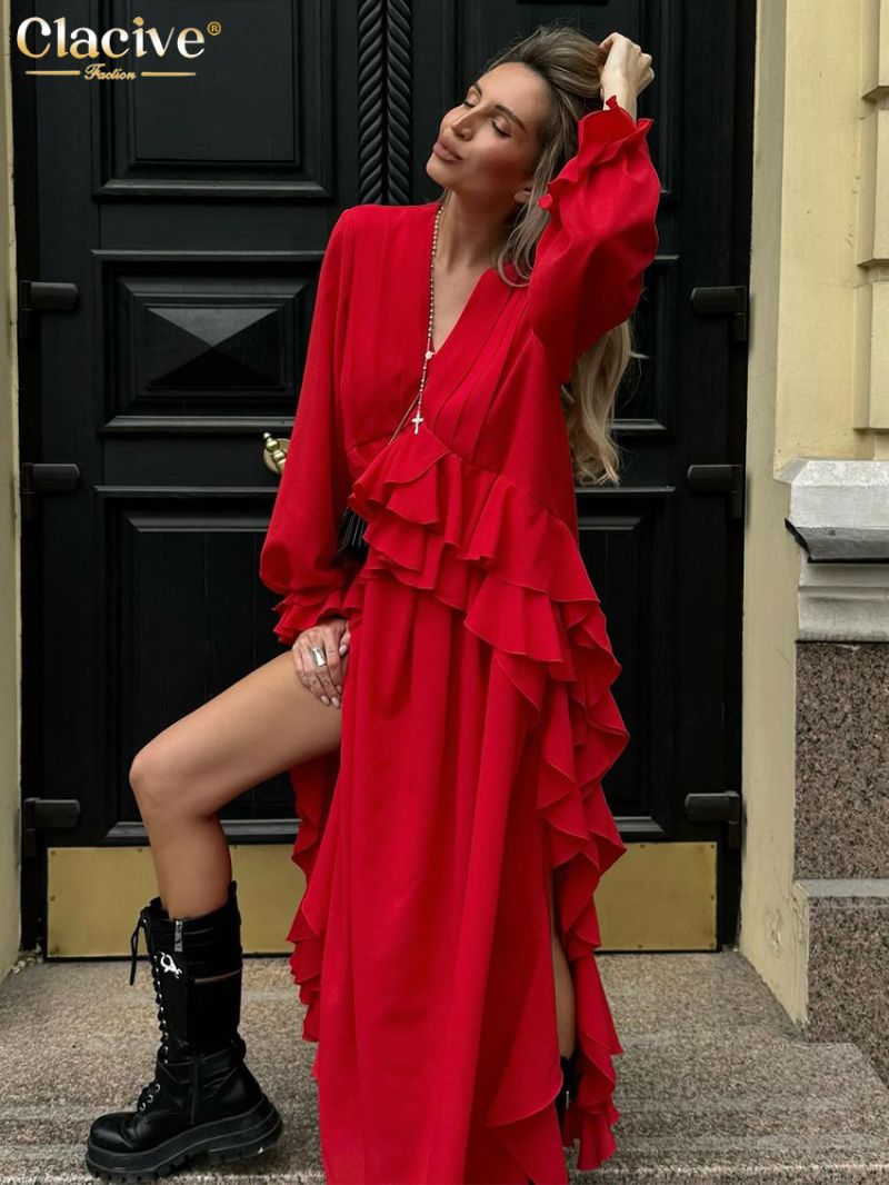 Clacive Fashion Loose Red Women Dress 2024 Sexy V-Neck Long Sleeve Ankle Length Dresses Elegant High Waist Ruffle Dress Female