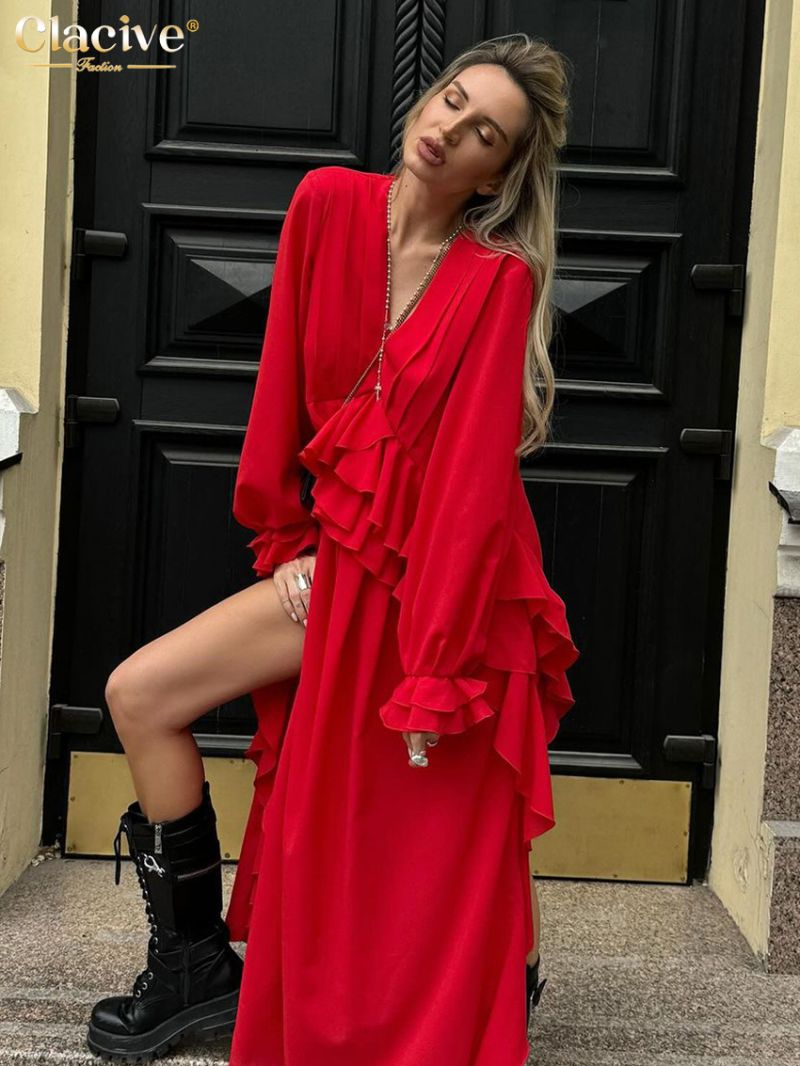 Clacive Fashion Loose Red Women Dress 2024 Sexy V-Neck Long Sleeve Ankle Length Dresses Elegant High Waist Ruffle Dress Female