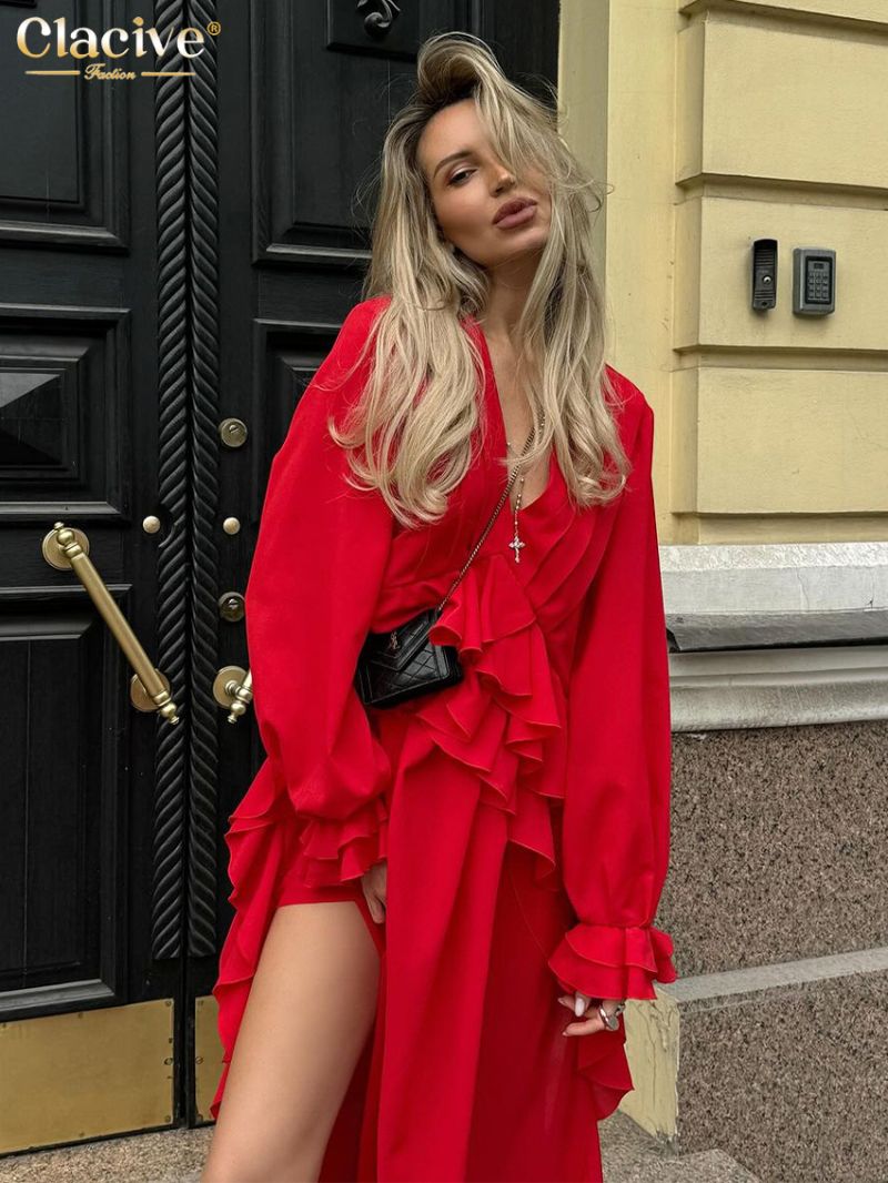 Clacive Fashion Loose Red Women Dress 2024 Sexy V-Neck Long Sleeve Ankle Length Dresses Elegant High Waist Ruffle Dress Female