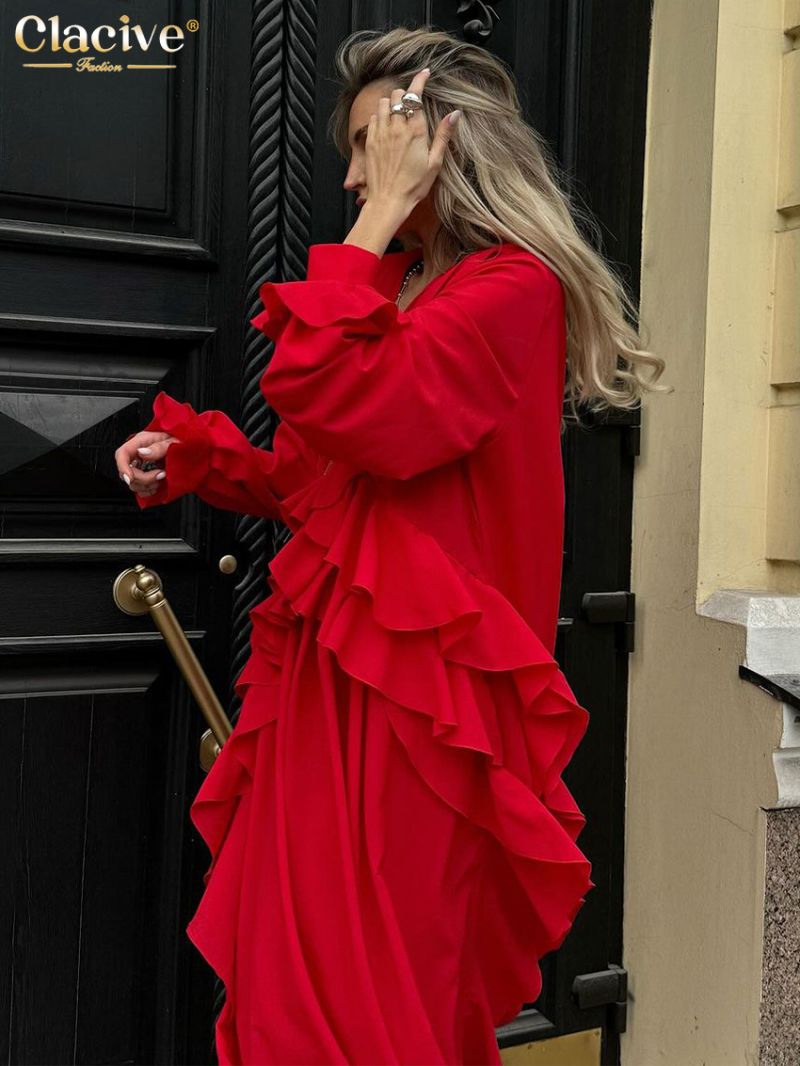 Clacive Fashion Loose Red Women Dress 2024 Sexy V-Neck Long Sleeve Ankle Length Dresses Elegant High Waist Ruffle Dress Female