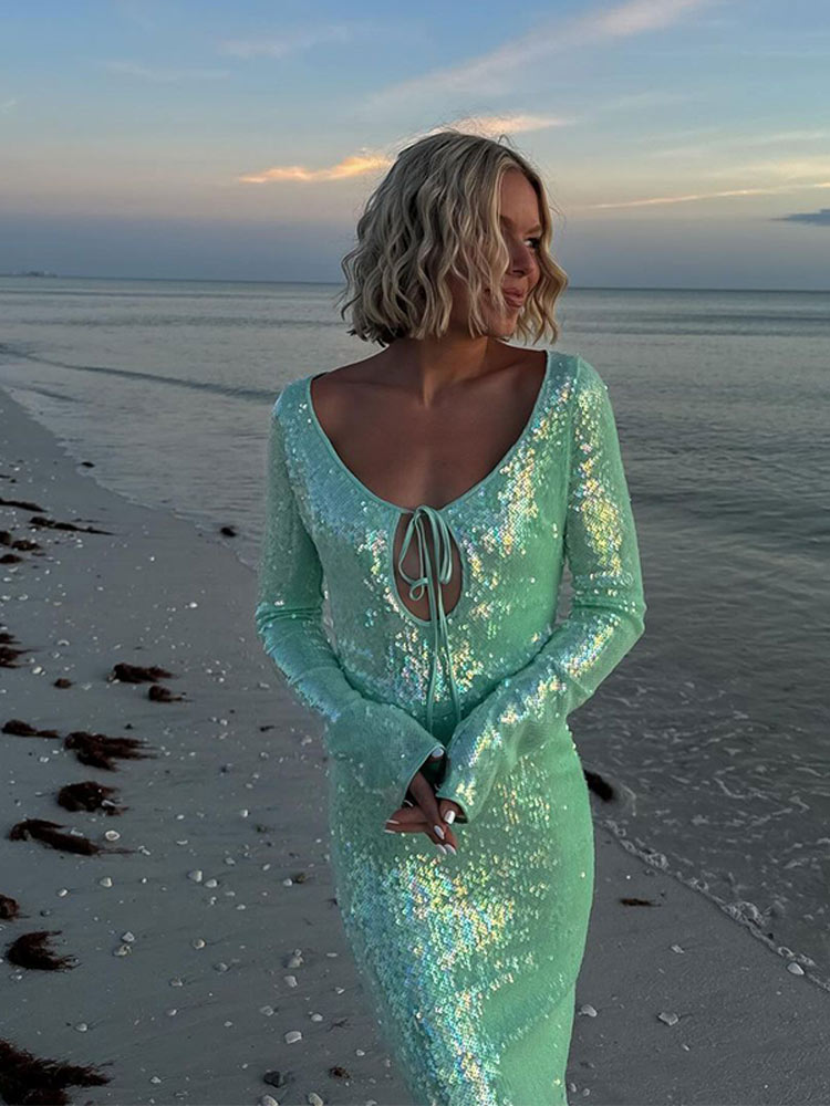 Women Hollow Out Lace Up Shiny Evening maxi Dress Chic Round Neck Long Sleeves Bodycon Robes 2024 New Lady Beach Party Dresses