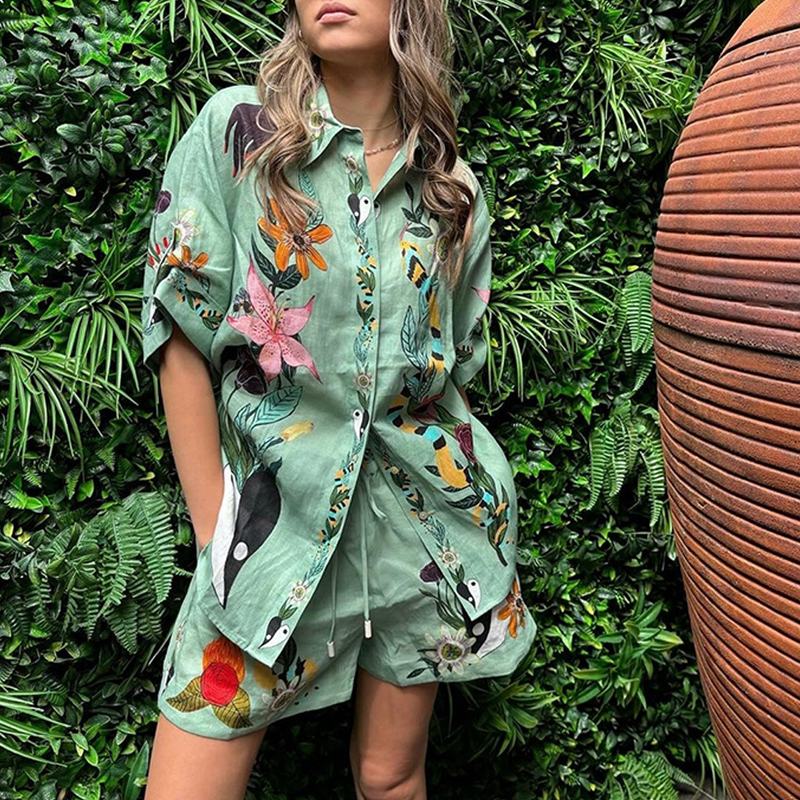 2024 Summer Pattern Print Loose Two Piece Sets Casual Vacation Single Breasted Shirt Outfit Women's Fashion Lace Up Shorts Suit