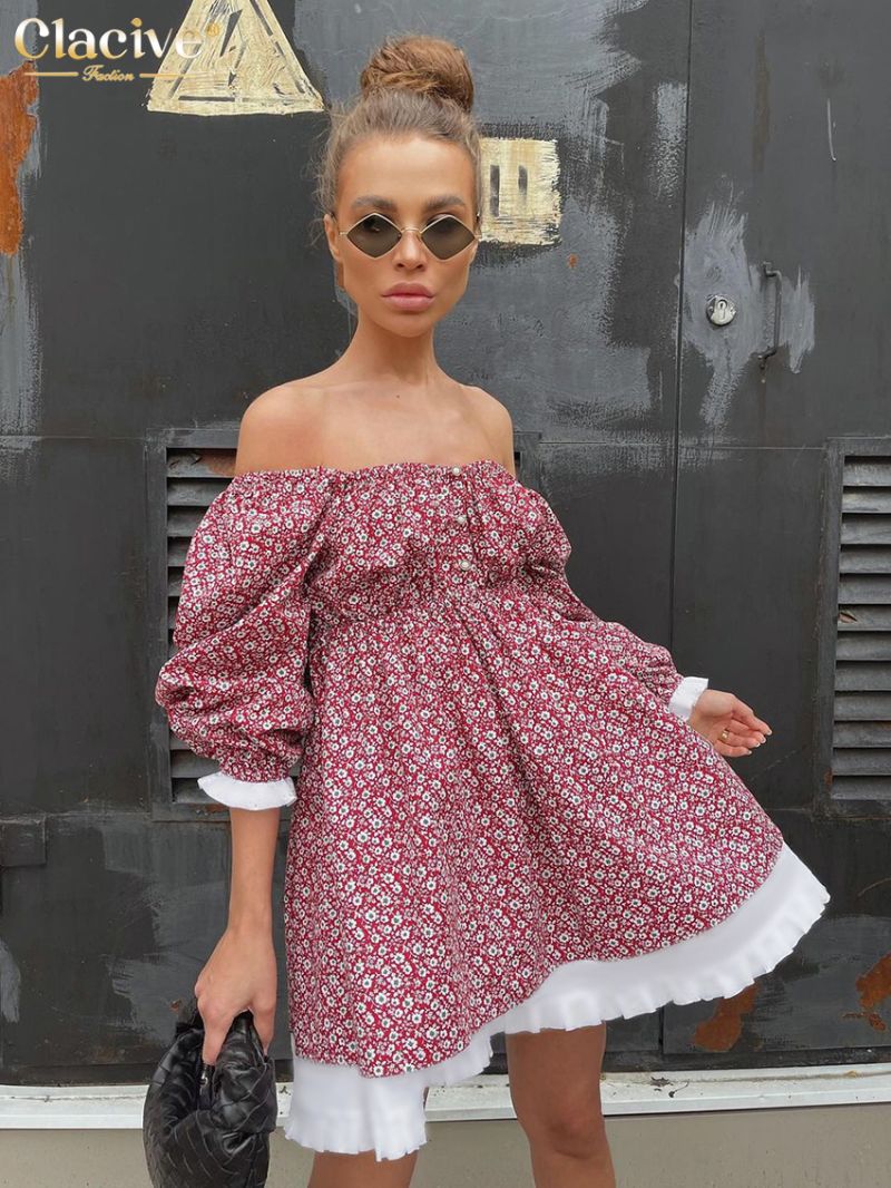 Clacive Sexy Loose Print Women'S Dress 2023 Summer Square Collar Short Sleeve Mini Dresses Elegant Chic Patchwork Female Dress