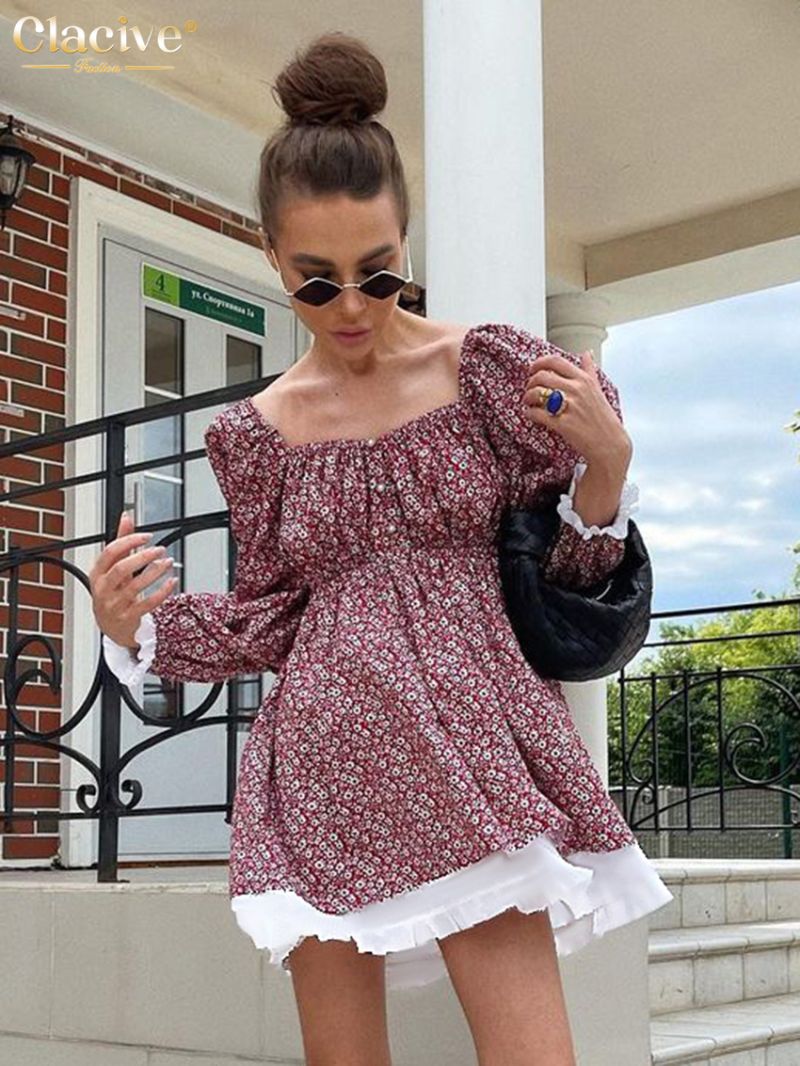 Clacive Sexy Loose Print Women'S Dress 2023 Summer Square Collar Short Sleeve Mini Dresses Elegant Chic Patchwork Female Dress