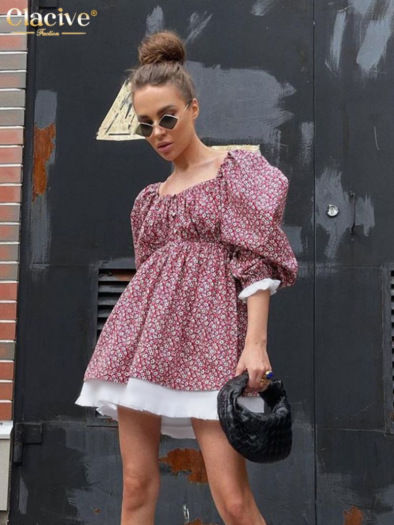 Clacive Sexy Loose Print Women'S Dress 2023 Summer Square Collar Short Sleeve Mini Dresses Elegant Chic Patchwork Female Dress