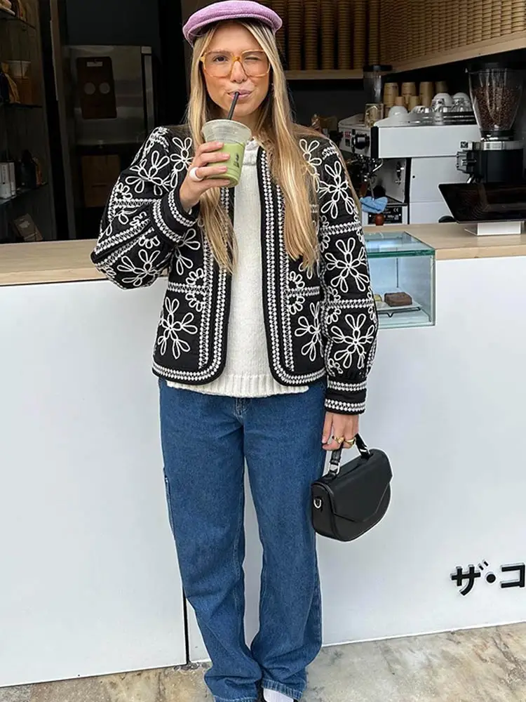 Vintage Green Print O Neck Cropped Cotton Coats Women 2024 Autumn Full Lantern Sleeves Short Jackets Winter Lady Chic Streetwear