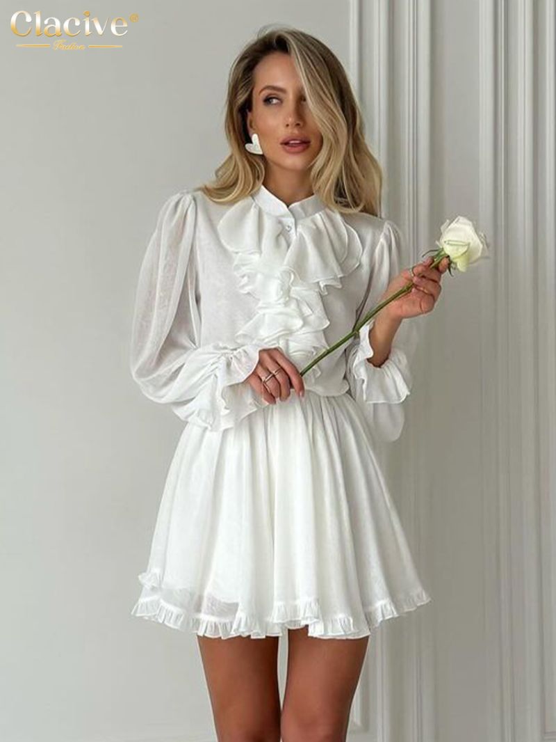 Clacive Fashion Loose White Women's Dress 2024 Elegant Stand Collar Long Sleeve Mini Dresses Casaul Ruffle Pleated Female Dress