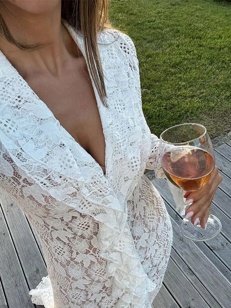 Elegant Lace Ruffles High Slit Solid Dresses Women Sexy V-neck Flare Sleeve Crochet Hollow Dress 2024 Lady Vocation Beach Robes