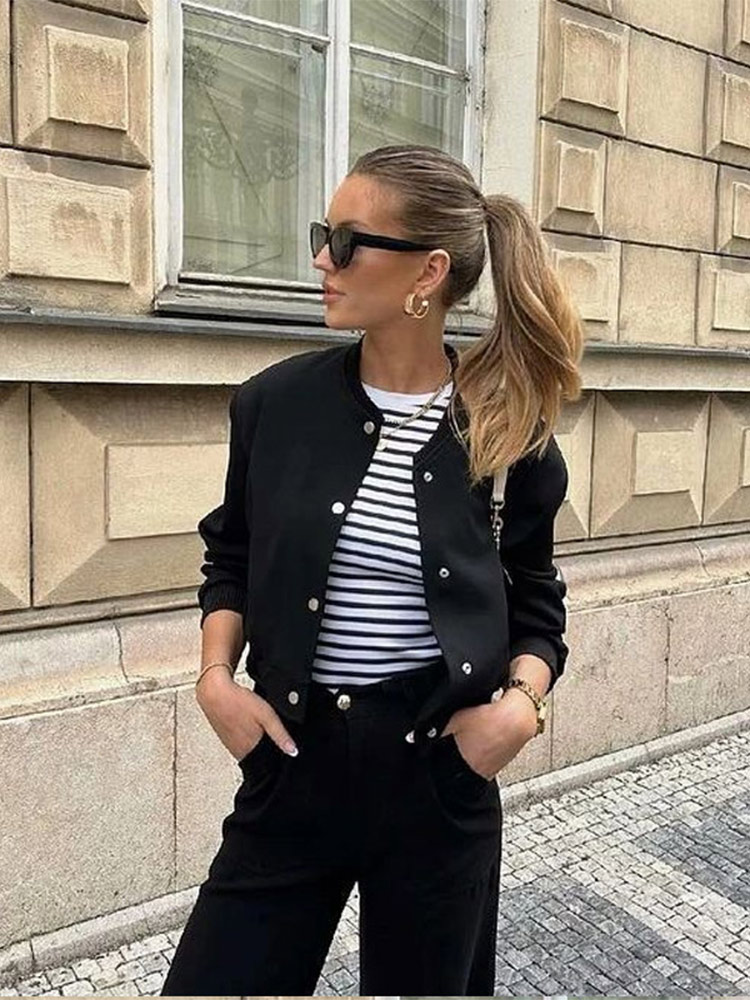 Autumn New Women Fashion Single Breasted Bomber Jacket Vintage Solid Long Sleeve Slim Short Coats 2024 High Street Outwear