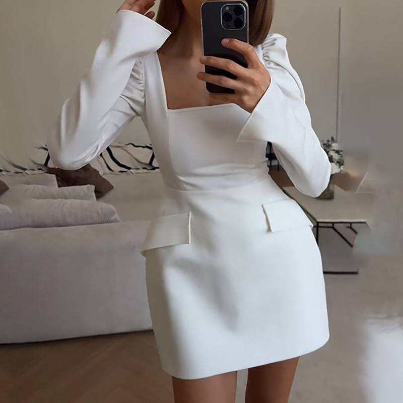 Fashion Square Neck High Waist Banquet Dress Casual Solid Color Pleated Long Sleeved Dress Lady Elegant Temperament A-line Dress