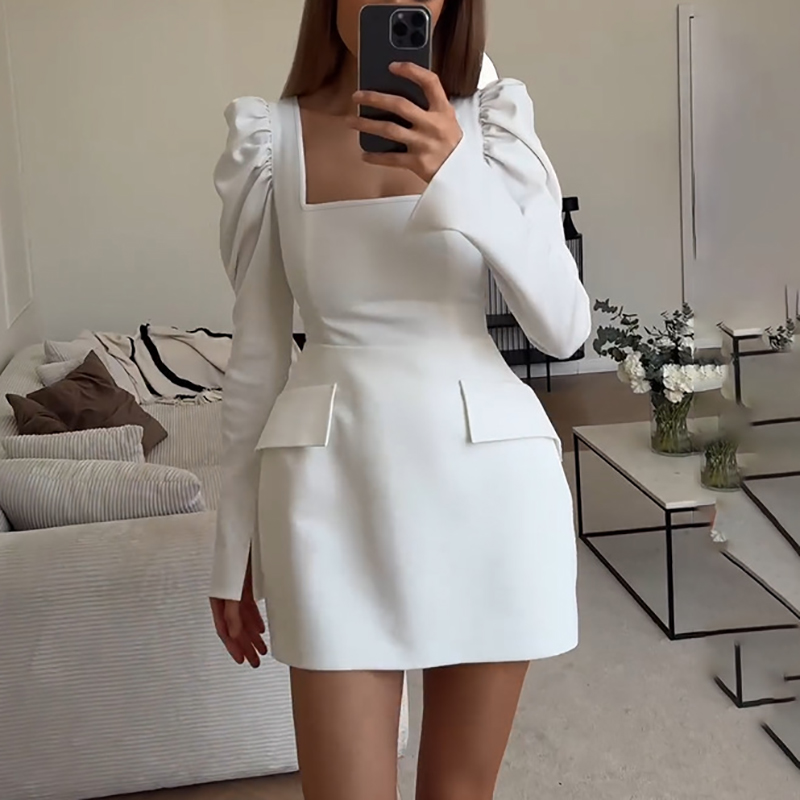 Fashion Square Neck High Waist Banquet Dress Casual Solid Color Pleated Long Sleeved Dress Lady Elegant Temperament A-line Dress